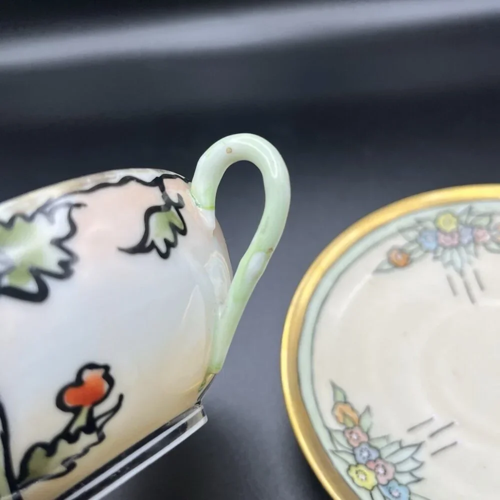 Antique Hand Painted Japan Teacup & Germany Porcelain Saucer Mismatched Art Deco
